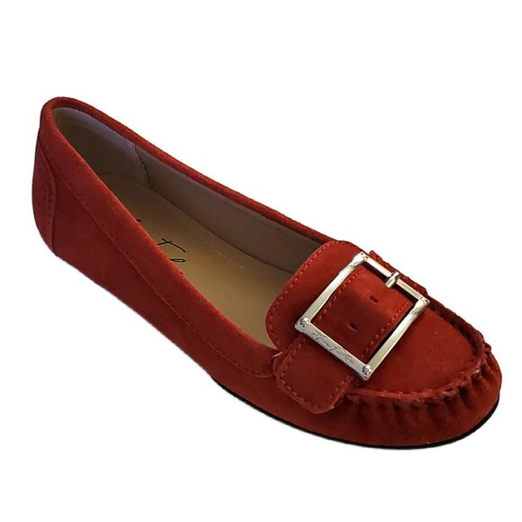 Mark Fisher Red Suede Flats, Buckle Flats NIB - Picture 1 of 8